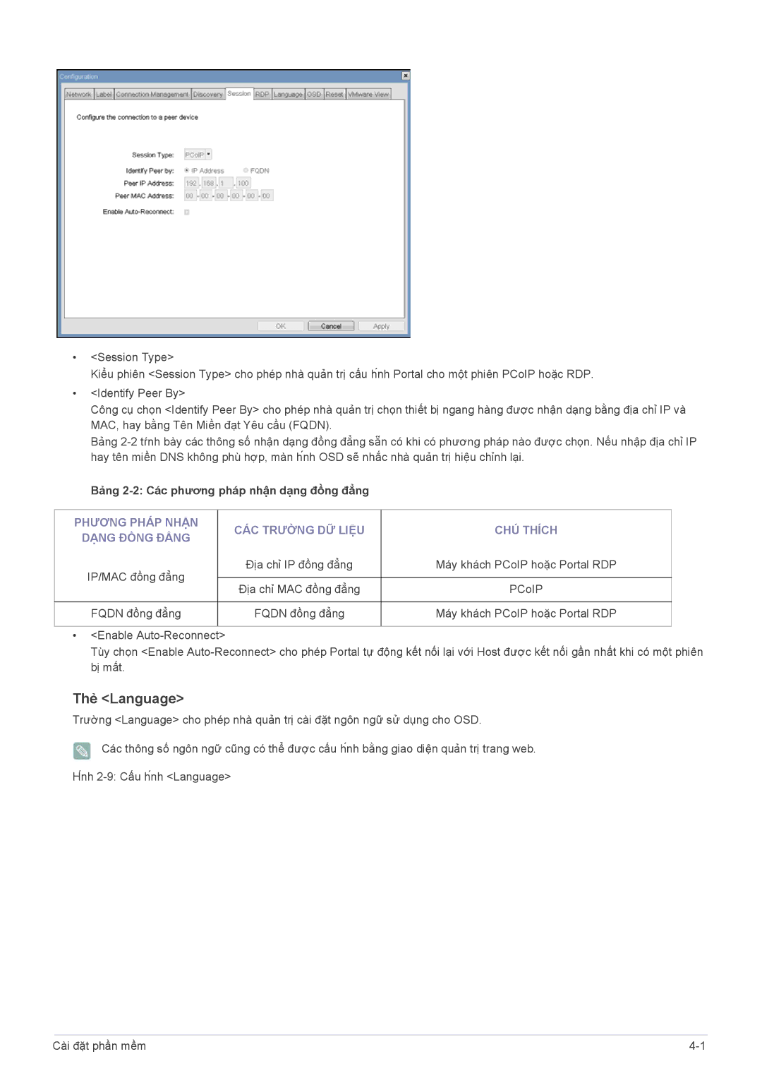 Samsung LF22NEBHBN/XY manual Thẻ Language, Bảng 2-2 Các phương pháp nhận dạng đồng đẳng 