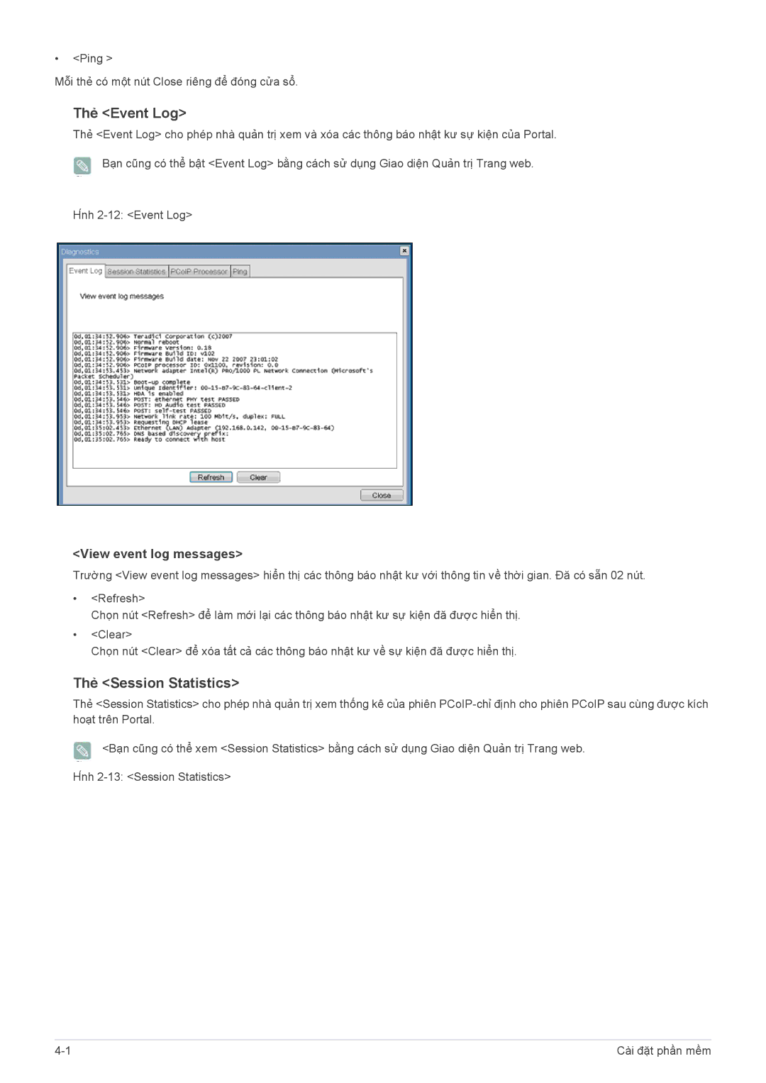 Samsung LF22NEBHBN/XY manual Thẻ Event Log, Thẻ Session Statistics 