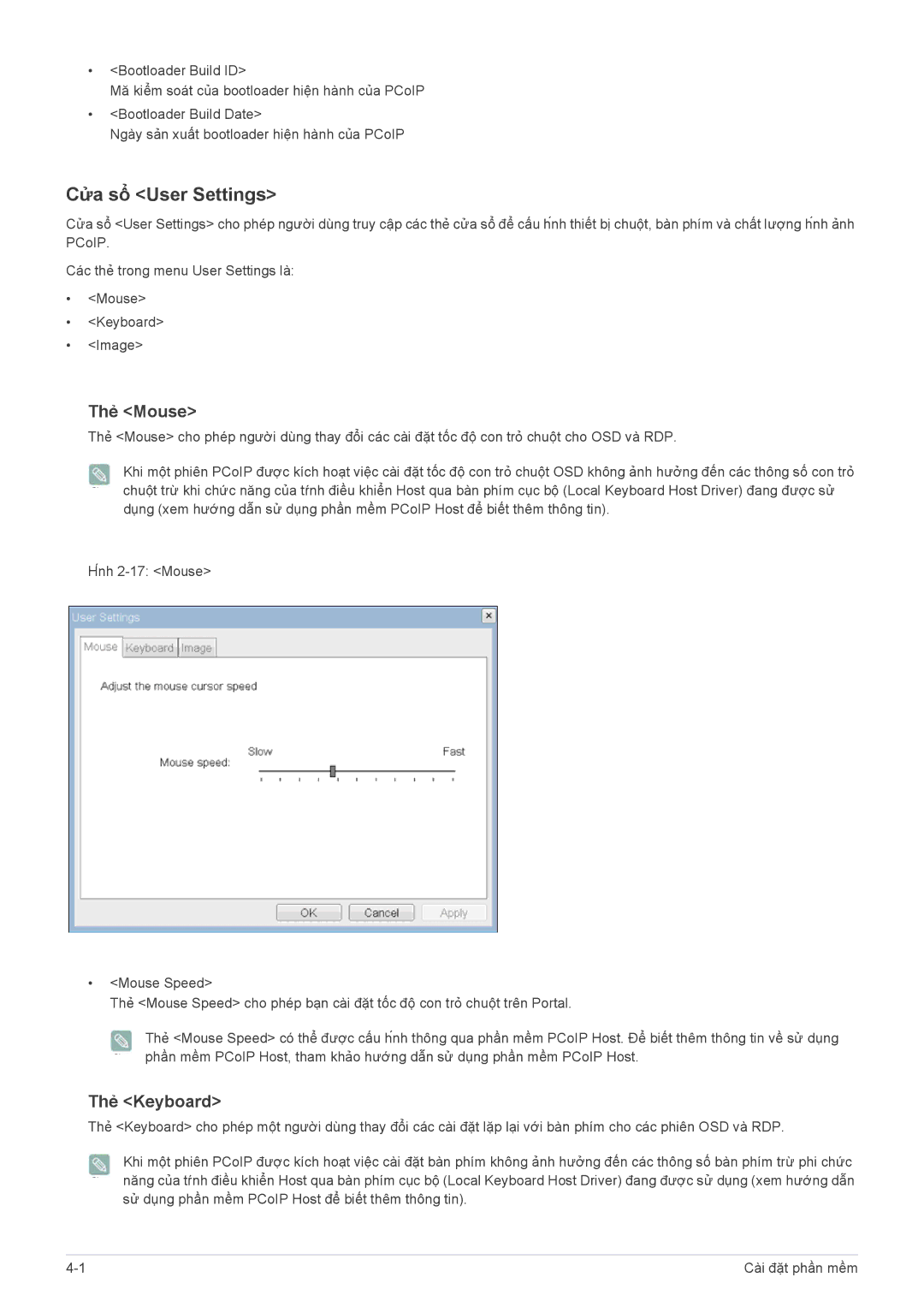 Samsung LF22NEBHBN/XY manual Cửa sổ User Settings, Thẻ Mouse, Thẻ Keyboard 