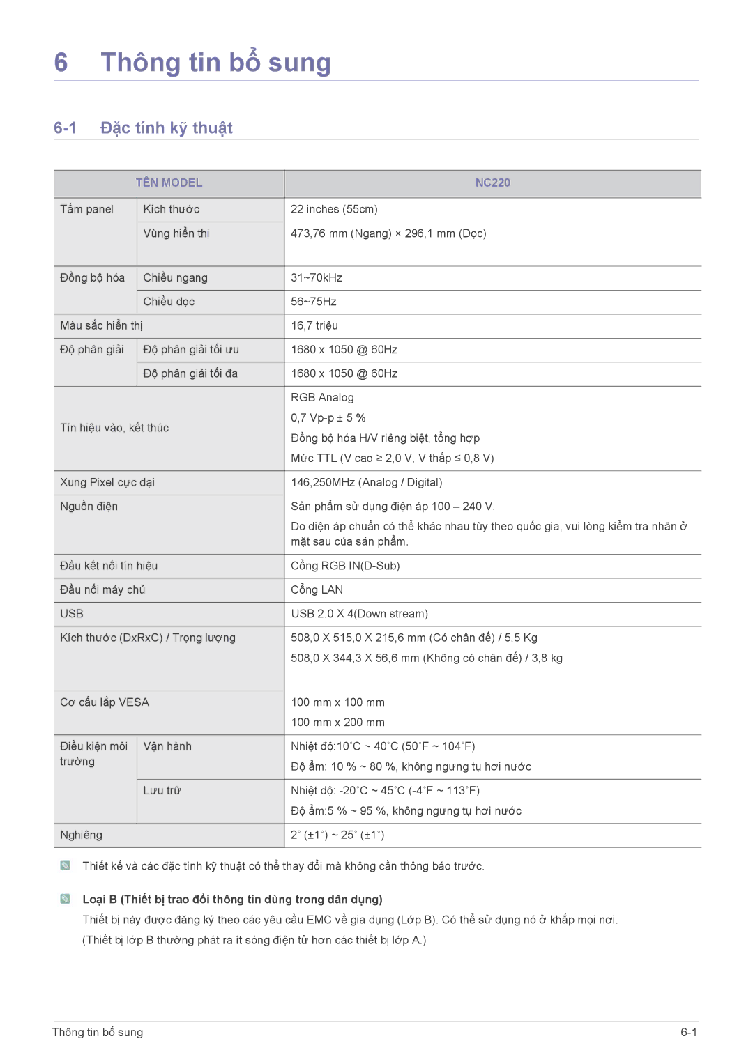 Samsung LF22NEBHBN/XY manual Đặc tính kỹ thuật, TÊN Model, Loại B Thiết bị trao đổi thông tin dùng trong dân dụng 