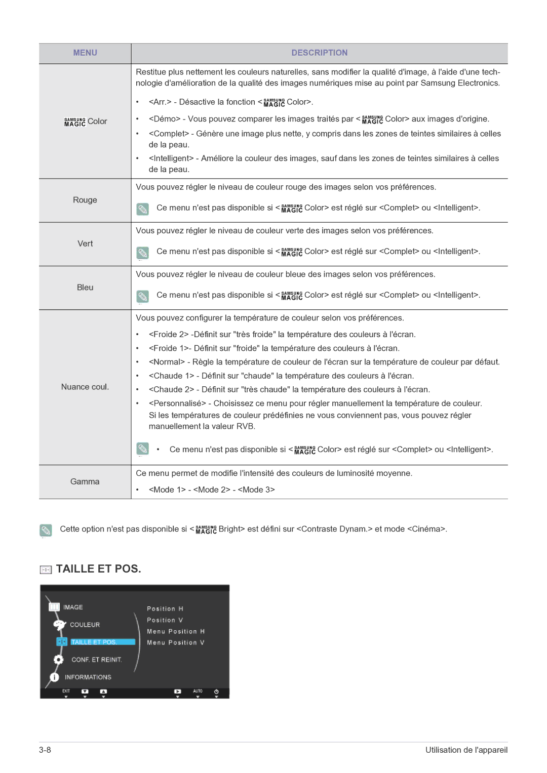 Samsung LF22NPBHBNP/EN manual Taille ET POS 