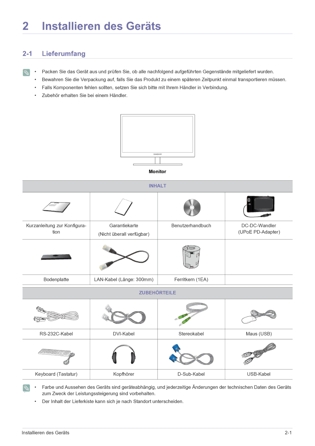 Samsung LF22NPBHBNP/EN manual Lieferumfang, Inhalt, Zubehörteile 