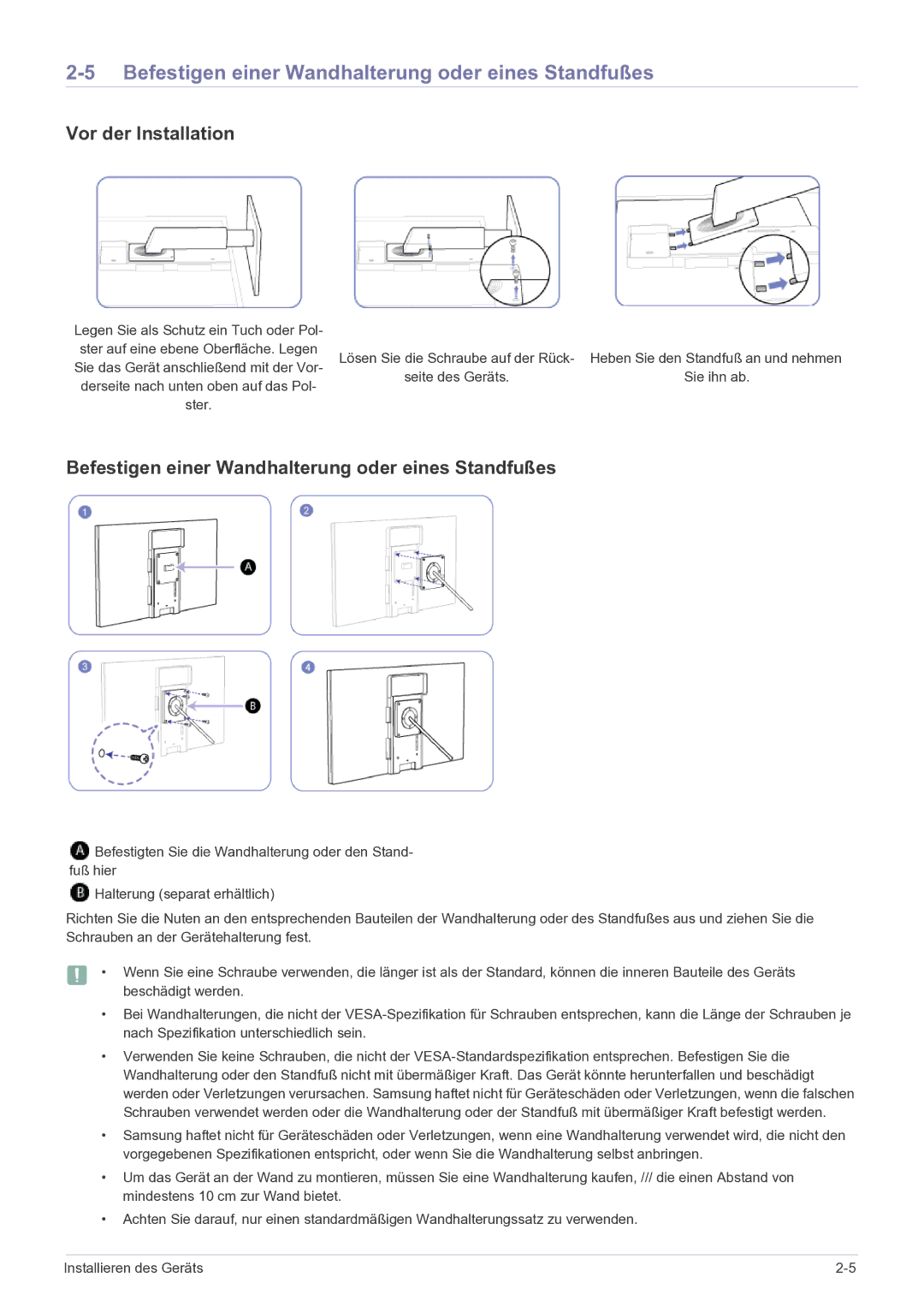 Samsung LF22NPBHBNP/EN manual Befestigen einer Wandhalterung oder eines Standfußes, Vor der Installation 