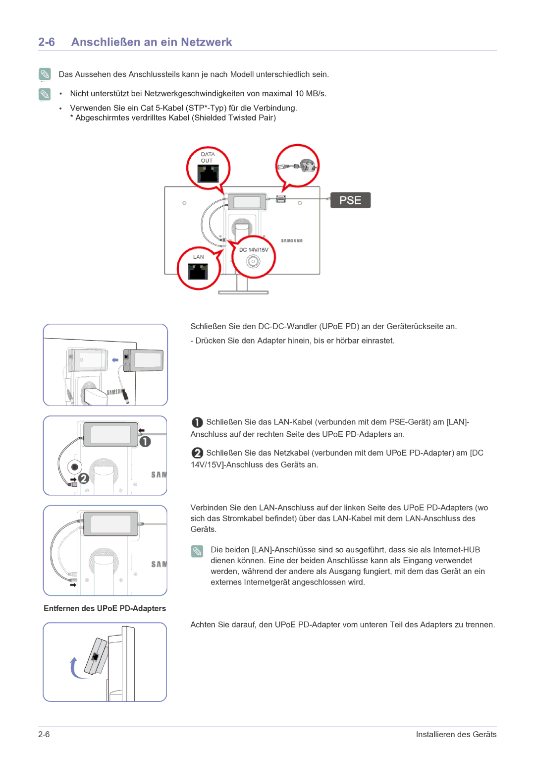 Samsung LF22NPBHBNP/EN manual Anschließen an ein Netzwerk, Entfernen des UPoE PD-Adapters 