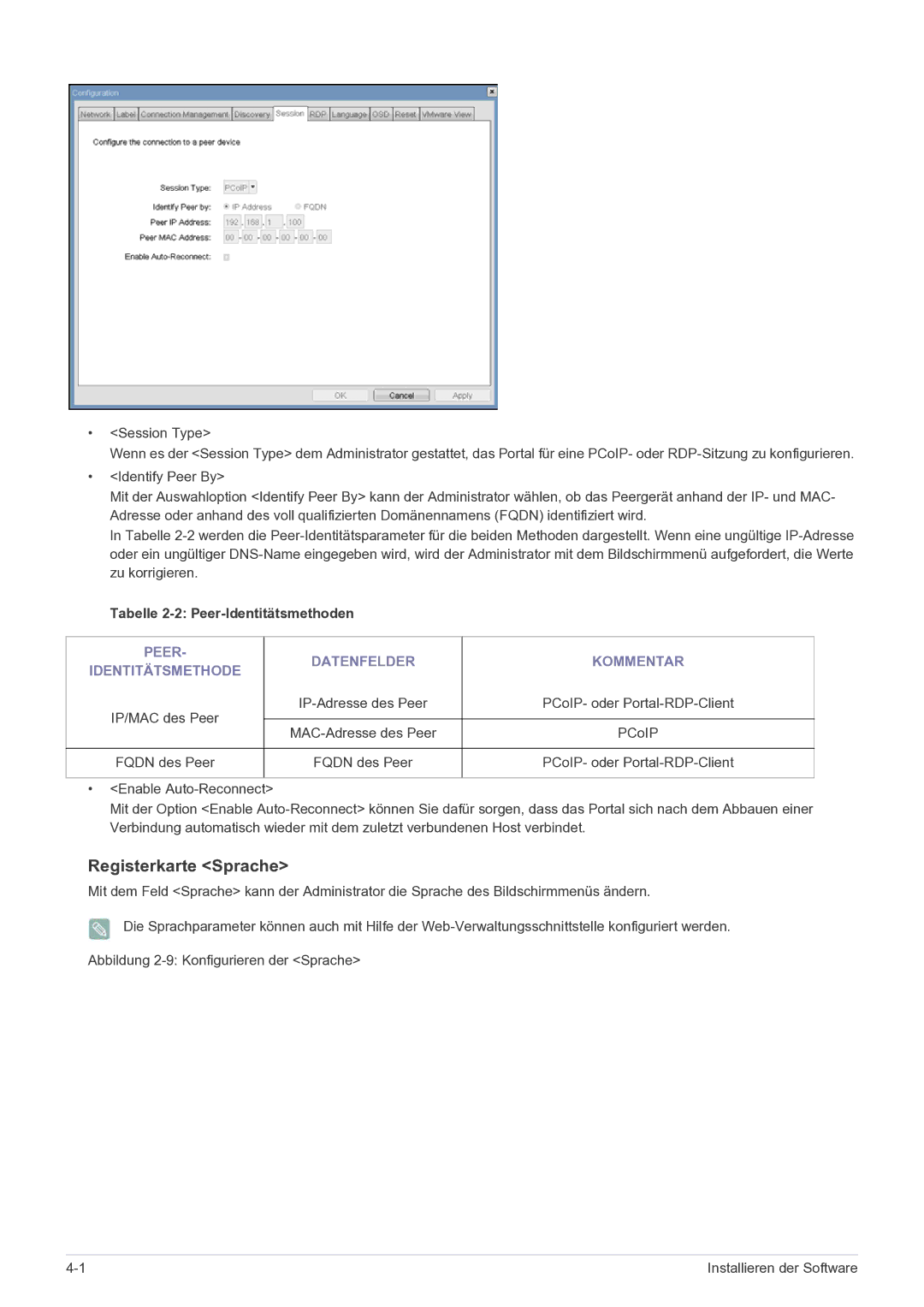 Samsung LF22NPBHBNP/EN manual Registerkarte Sprache, Peer Datenfelder Kommentar Identitätsmethode 