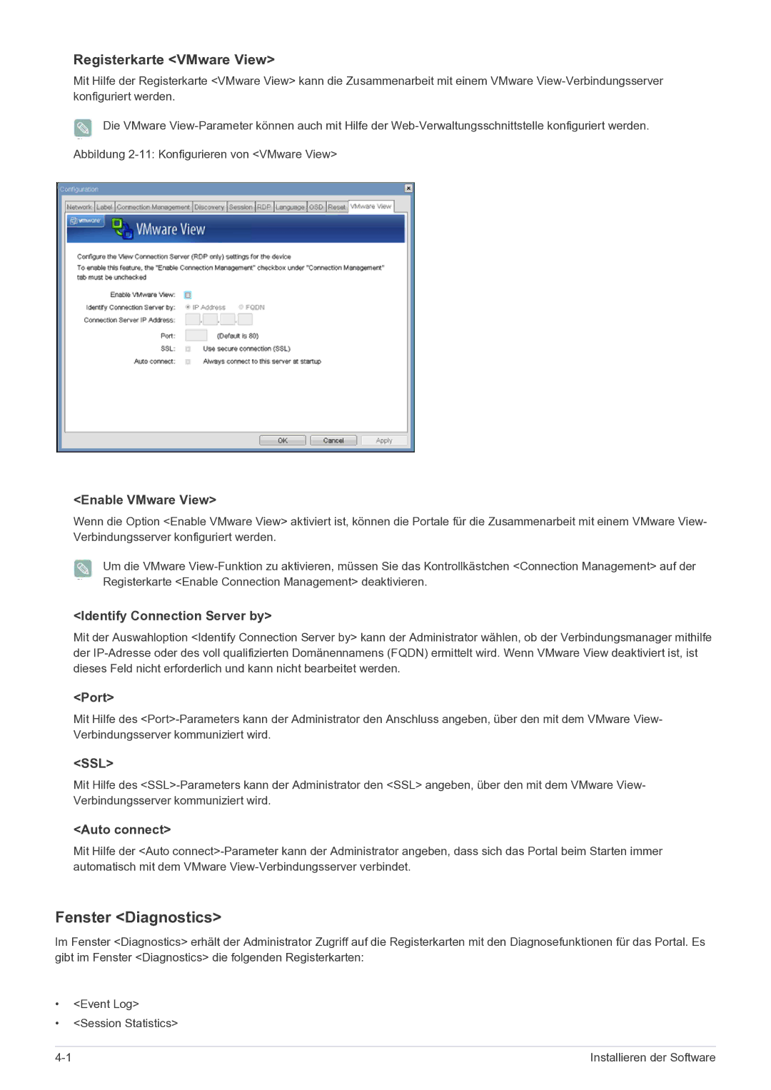 Samsung LF22NPBHBNP/EN manual Fenster Diagnostics, Registerkarte VMware View 