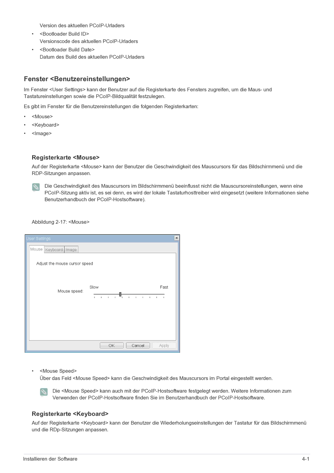 Samsung LF22NPBHBNP/EN manual Fenster Benutzereinstellungen, Registerkarte Mouse, Registerkarte Keyboard 