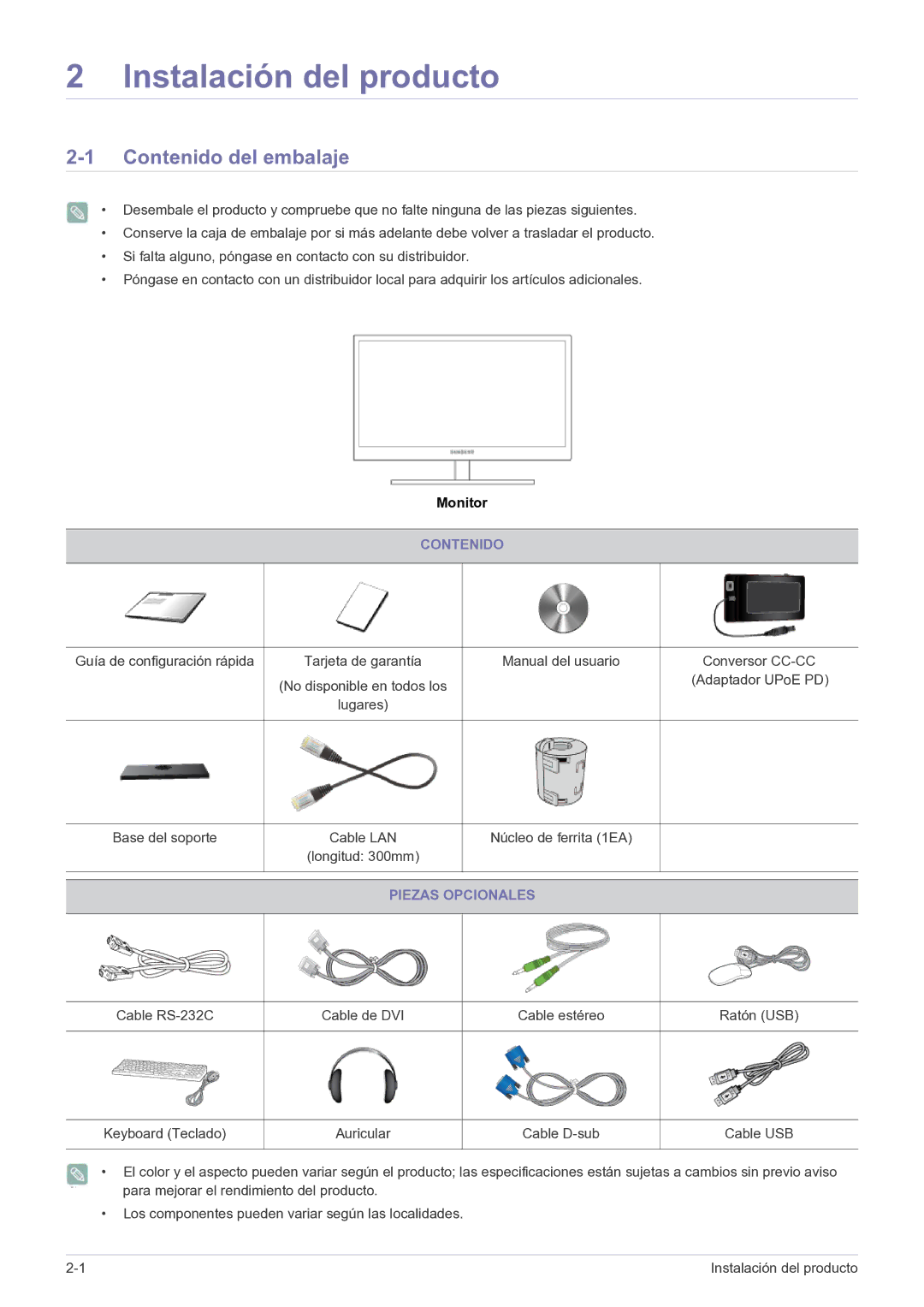 Samsung LF22NPBHBNP/EN manual Contenido del embalaje, Piezas Opcionales 