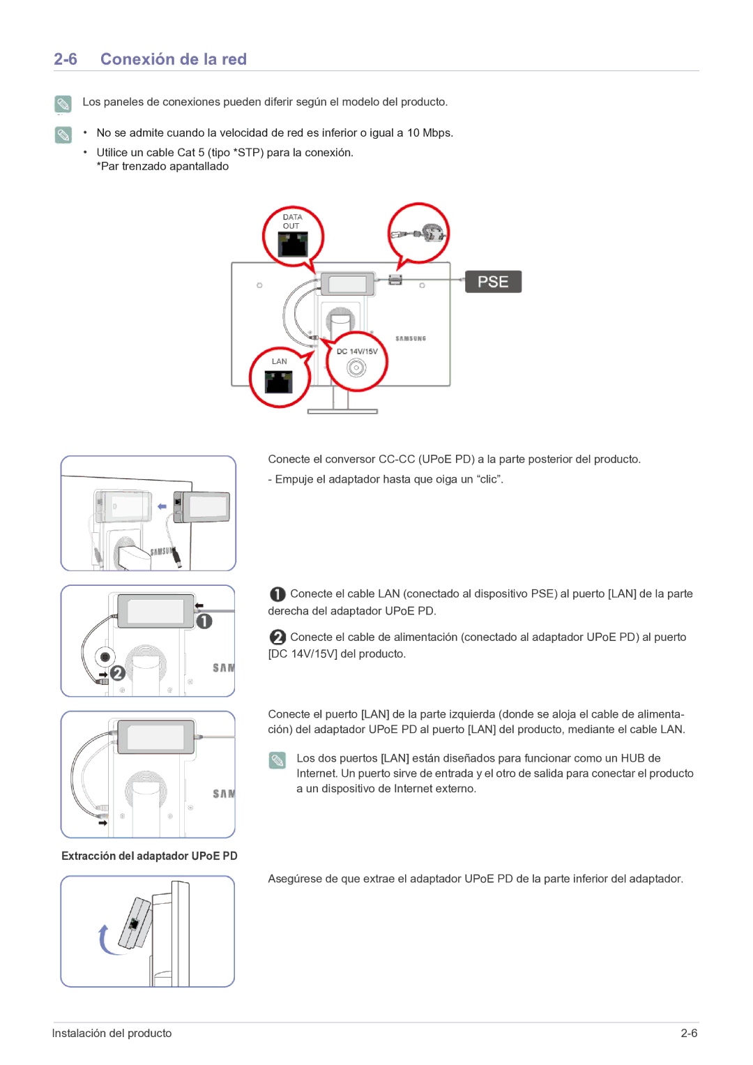 Samsung LF22NPBHBNP/EN manual Conexión de la red, Extracción del adaptador UPoE PD 