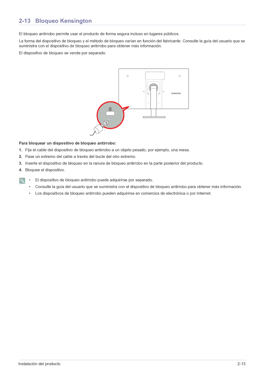 Samsung LF22NPBHBNP/EN manual Bloqueo Kensington, Para bloquear un dispositivo de bloqueo antirrobo 