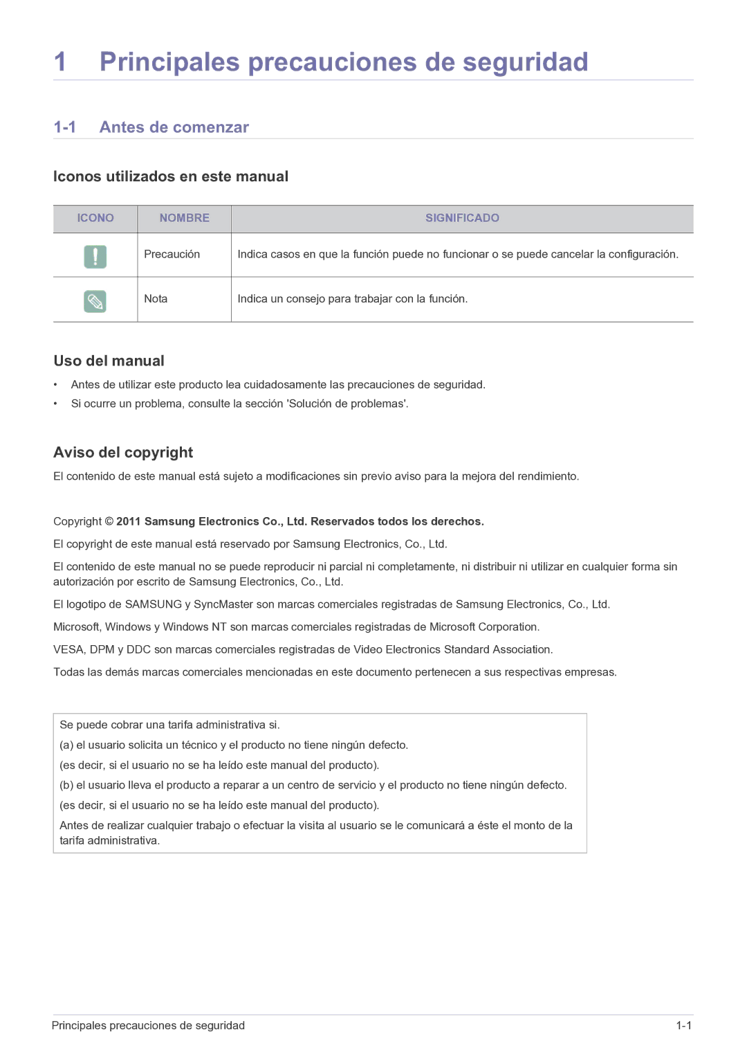 Samsung LF22NPBHBNP/EN Antes de comenzar, Iconos utilizados en este manual, Uso del manual, Aviso del copyright 