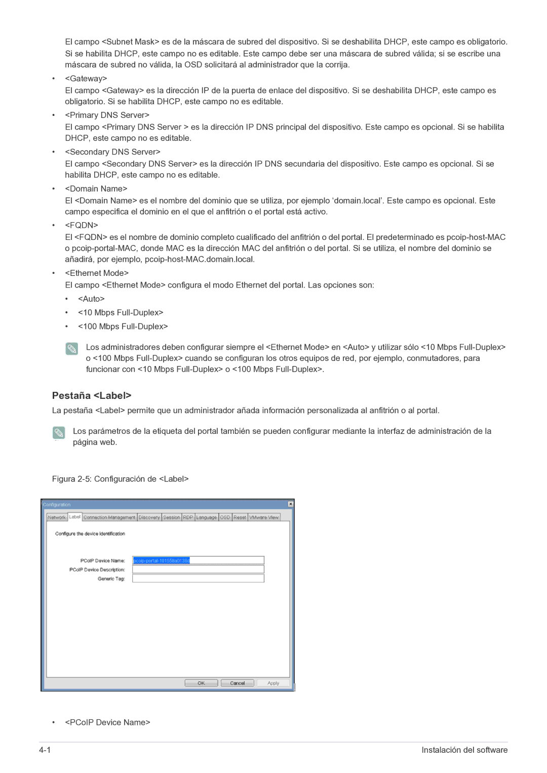 Samsung LF22NPBHBNP/EN manual Pestaña Label, Figura 2-5 Configuración de Label PCoIP Device Name 