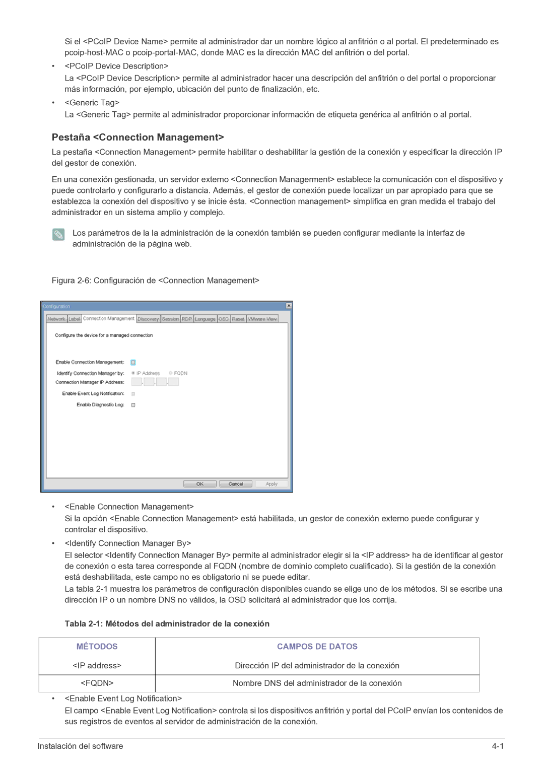 Samsung LF22NPBHBNP/EN manual Pestaña Connection Management, Tabla 2-1 Métodos del administrador de la conexión 