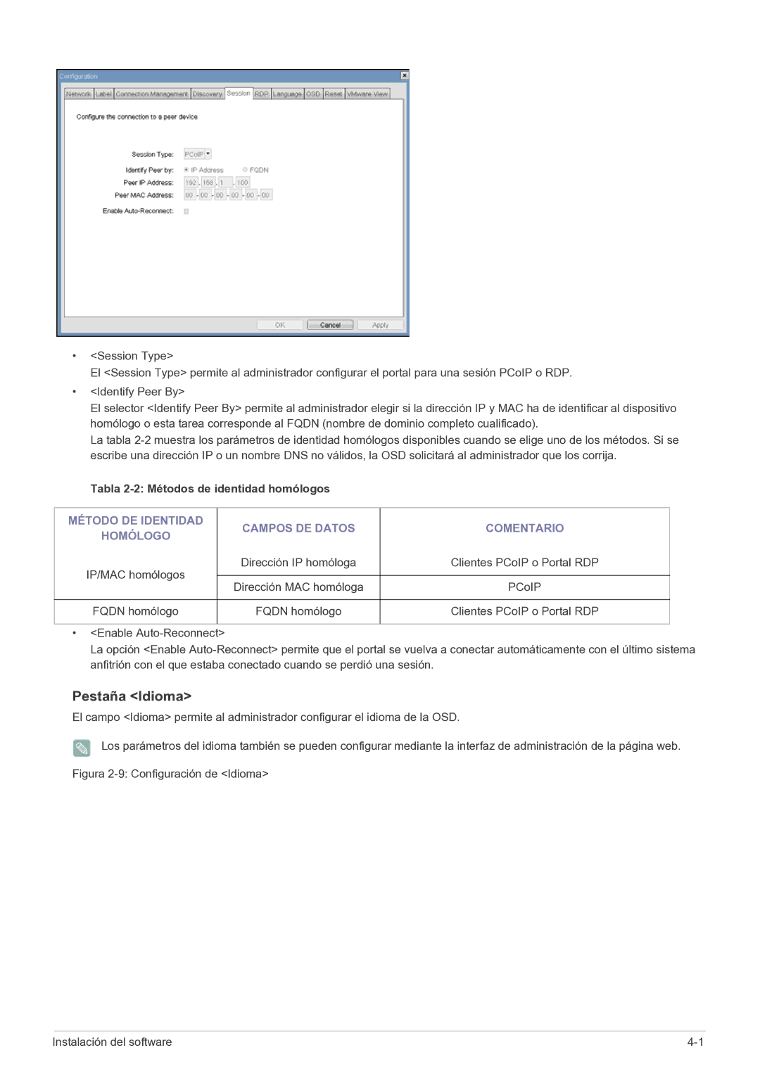 Samsung LF22NPBHBNP/EN manual Pestaña Idioma, Tabla 2-2 Métodos de identidad homólogos 