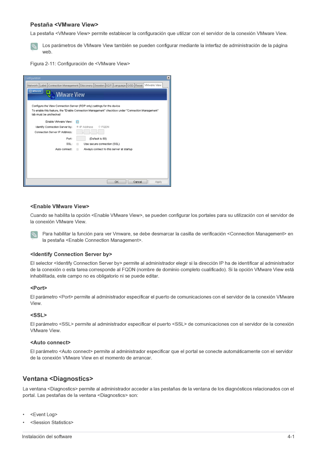 Samsung LF22NPBHBNP/EN manual Ventana Diagnostics, Pestaña VMware View 