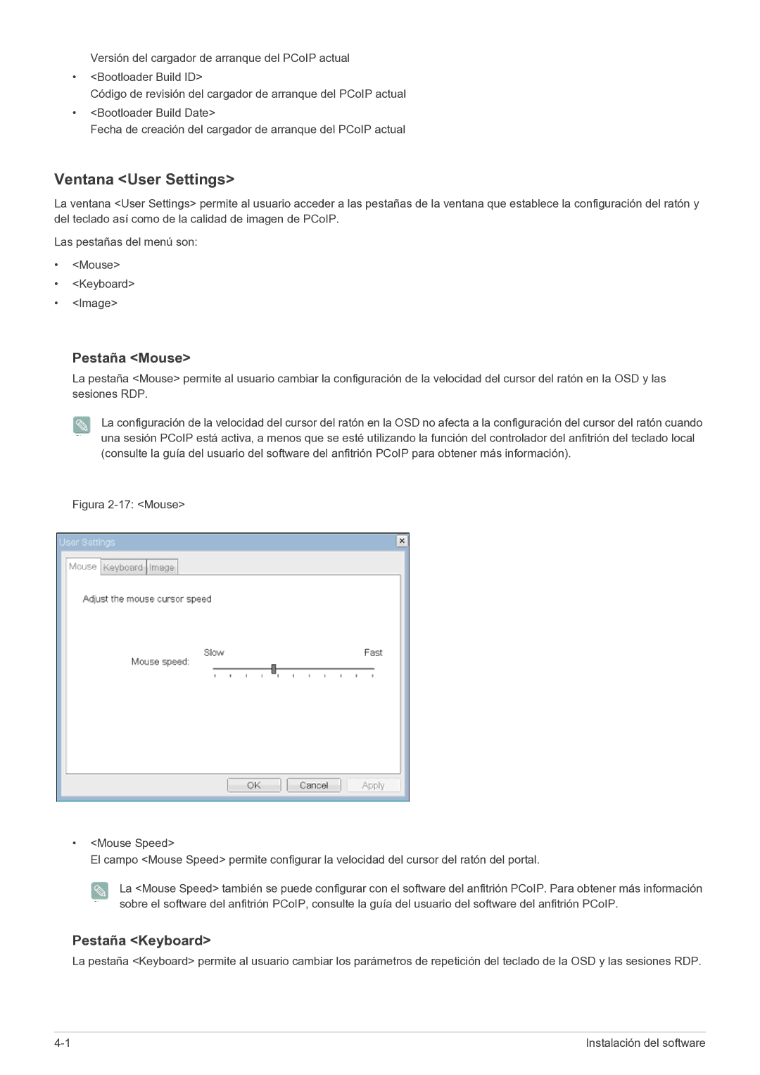 Samsung LF22NPBHBNP/EN manual Ventana User Settings, Pestaña Mouse, Pestaña Keyboard 