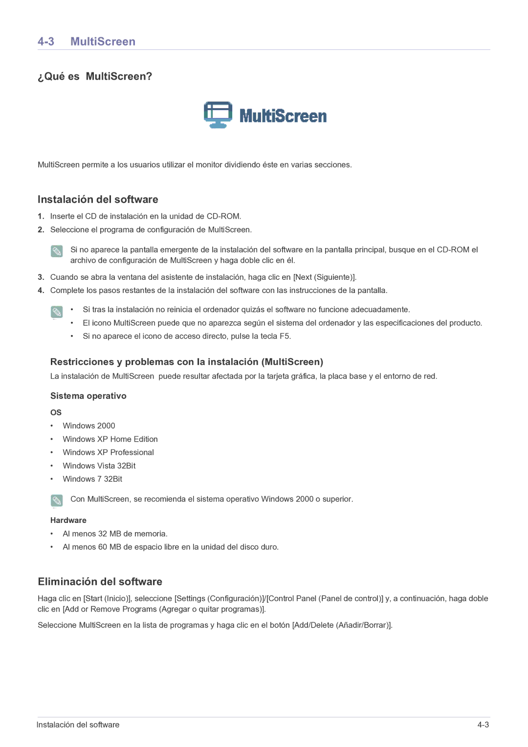 Samsung LF22NPBHBNP/EN manual ¿Qué es MultiScreen?, Instalación del software, Eliminación del software 