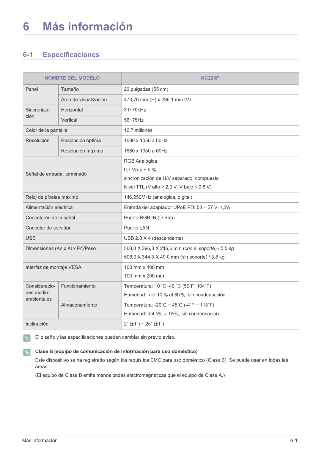 Samsung LF22NPBHBNP/EN manual Especificaciones, Nombre DEL Modelo 