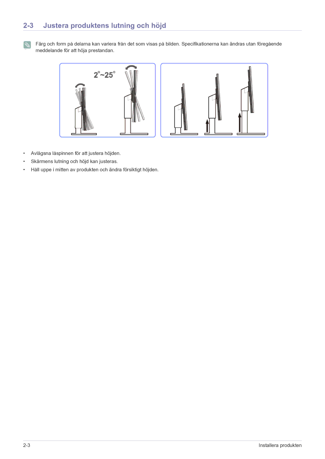 Samsung LF22NPBHBNP/EN manual Justera produktens lutning och höjd 