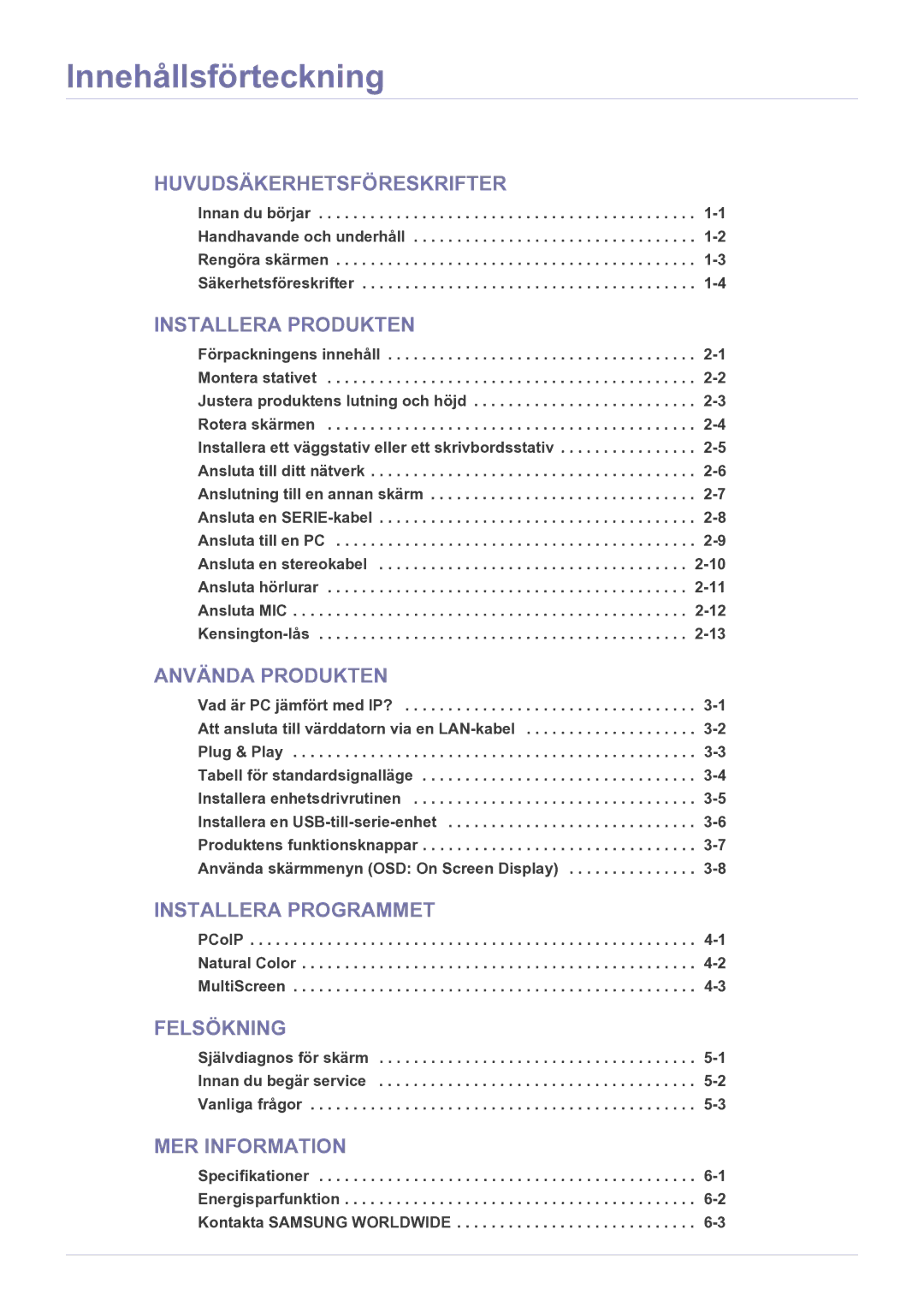 Samsung LF22NPBHBNP/EN manual Innehållsförteckning 