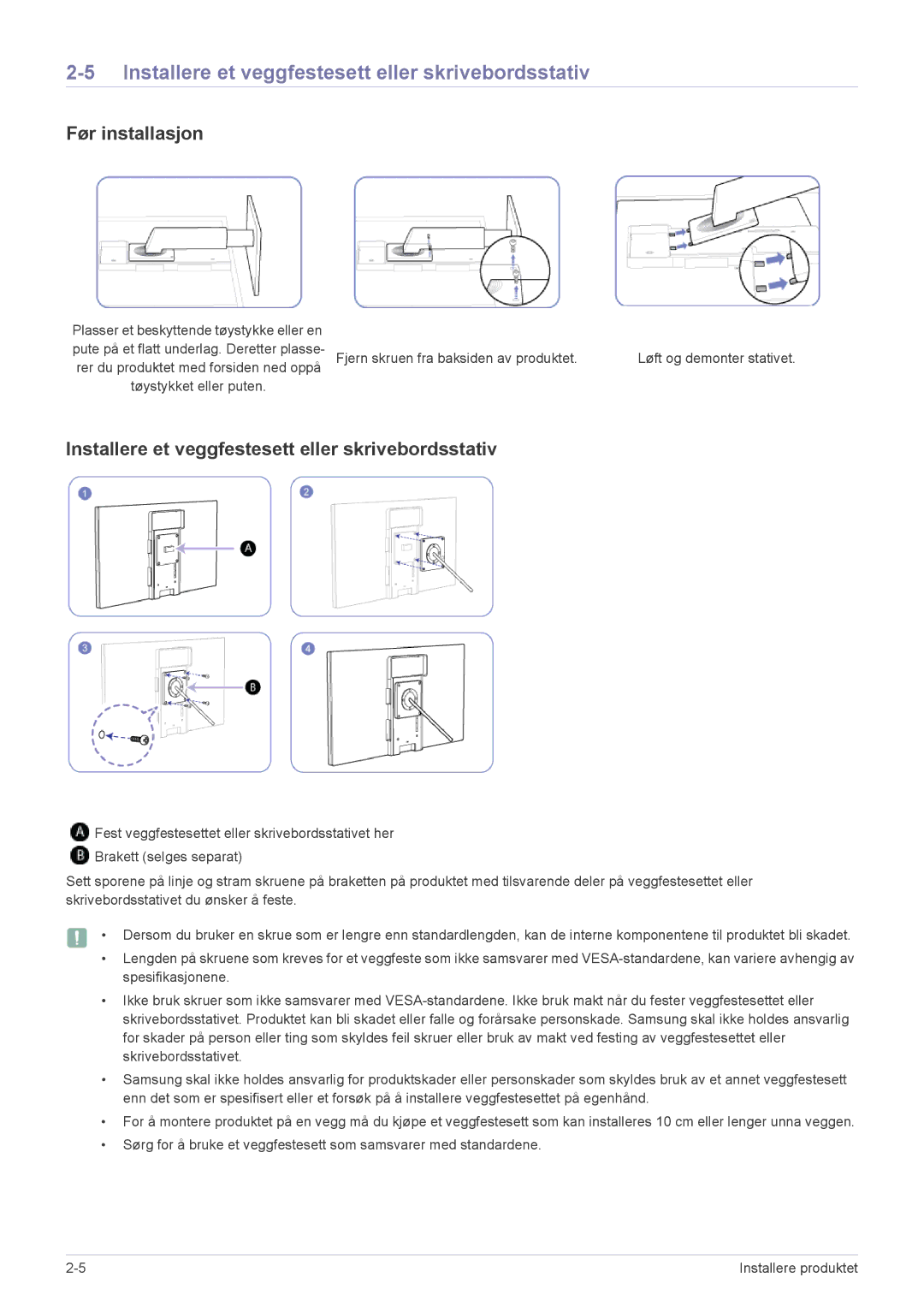 Samsung LF22NPBHBNP/EN manual Installere et veggfestesett eller skrivebordsstativ, Før installasjon 