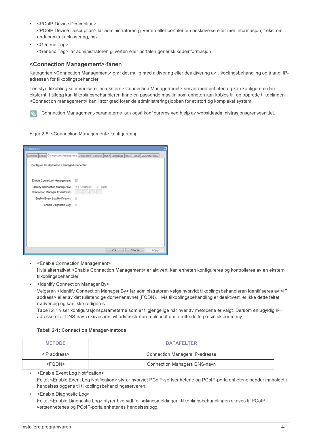 Samsung LF22NPBHBNP/EN manual Connection Management-fanen, Tabell 2-1 Connection Manager-metode, Metode Datafelter 