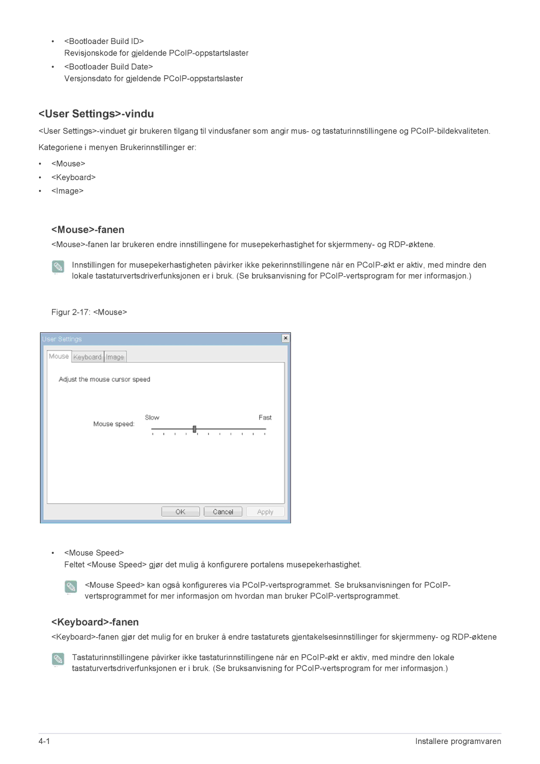 Samsung LF22NPBHBNP/EN manual User Settings-vindu, Mouse-fanen, Keyboard-fanen 