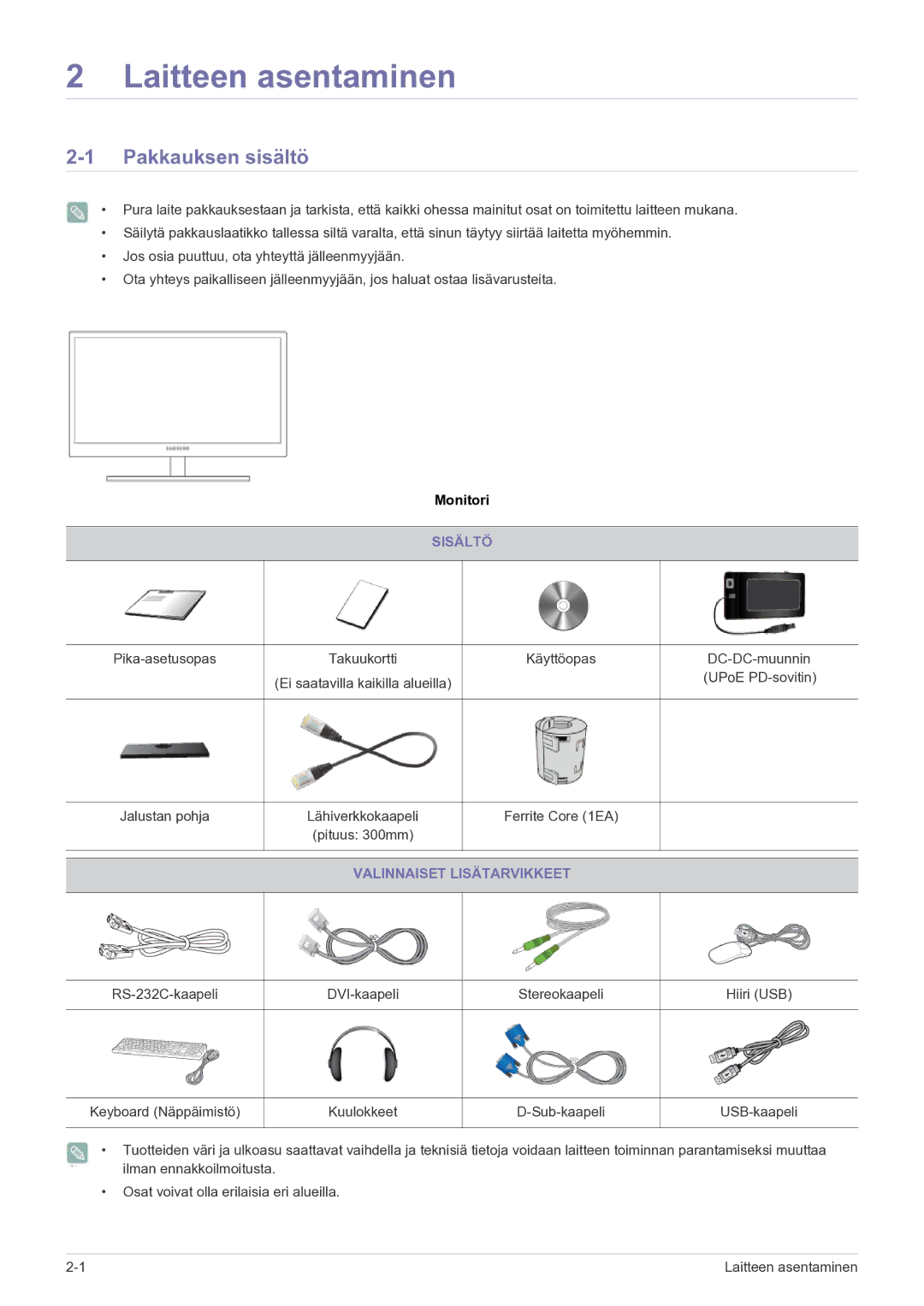 Samsung LF22NPBHBNP/EN manual Pakkauksen sisältö, Sisältö, Valinnaiset Lisätarvikkeet 