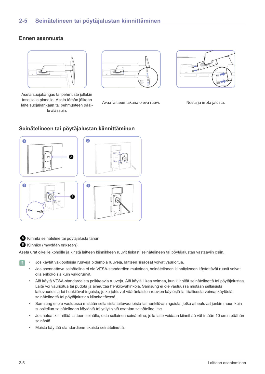 Samsung LF22NPBHBNP/EN manual Seinätelineen tai pöytäjalustan kiinnittäminen, Ennen asennusta 