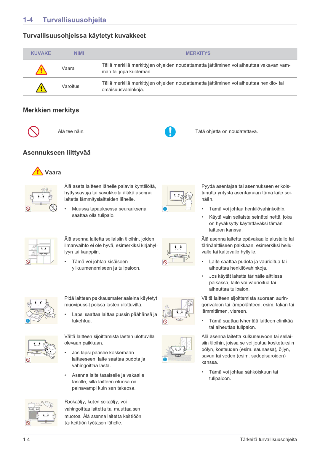 Samsung LF22NPBHBNP/EN manual Turvallisuusohjeita, Turvallisuusohjeissa käytetyt kuvakkeet, Merkkien merkitys, Vaara 