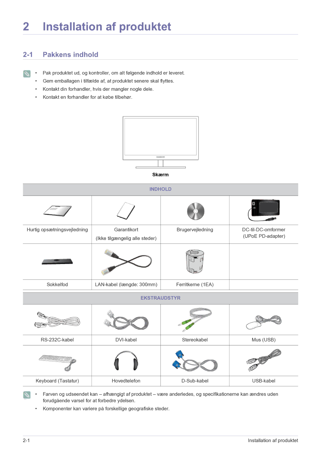 Samsung LF22NPBHBNP/EN manual Pakkens indhold, Indhold, Ekstraudstyr 