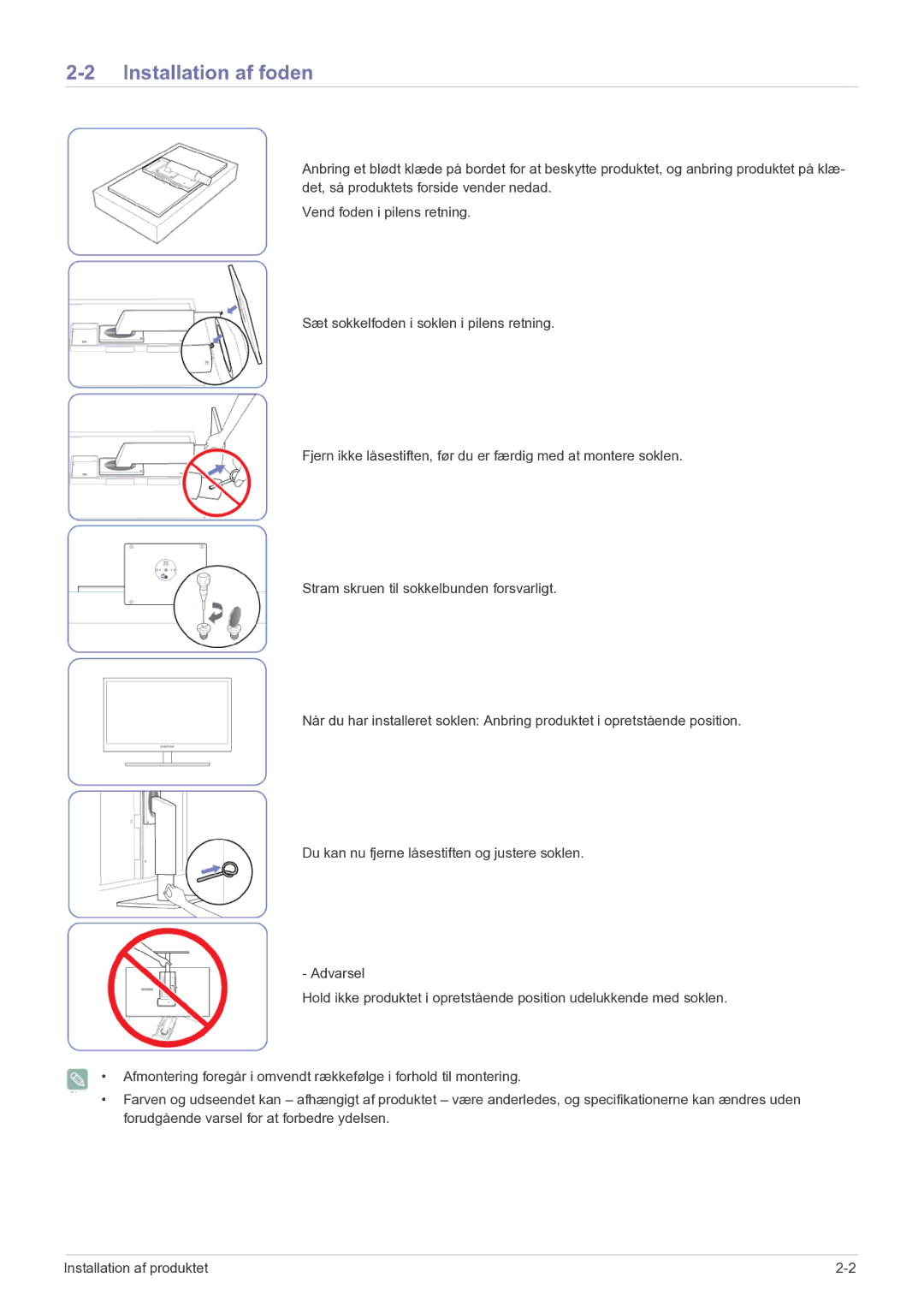 Samsung LF22NPBHBNP/EN manual Installation af foden 