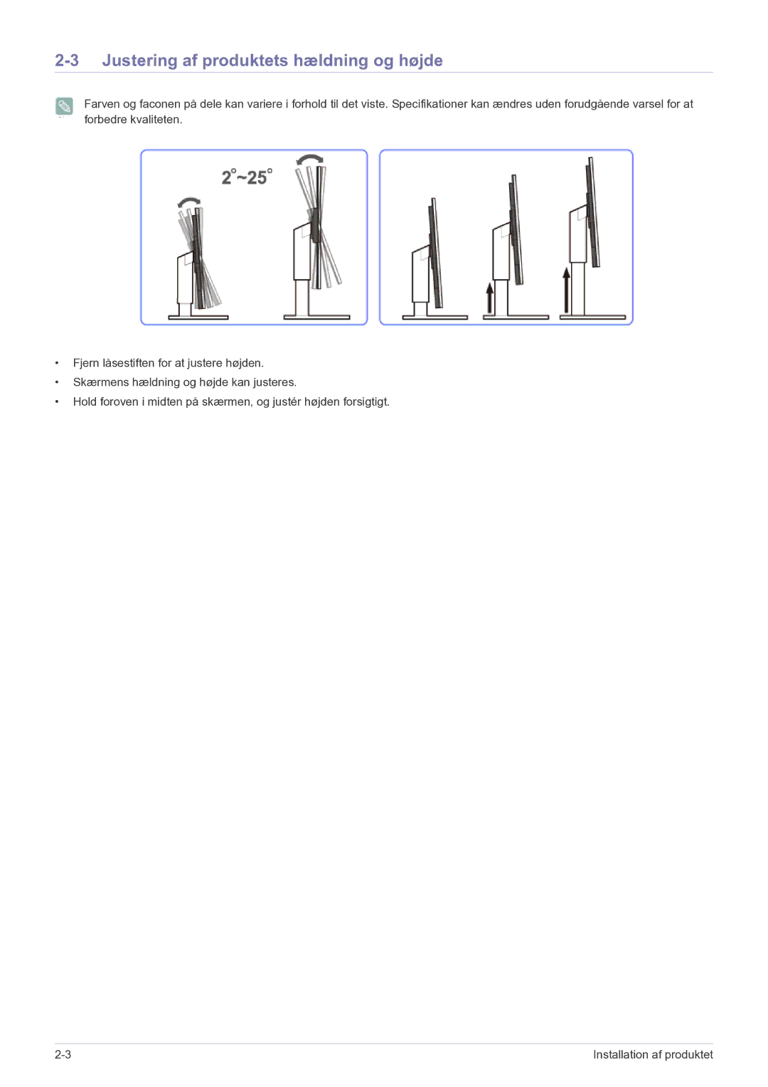 Samsung LF22NPBHBNP/EN manual Justering af produktets hældning og højde 