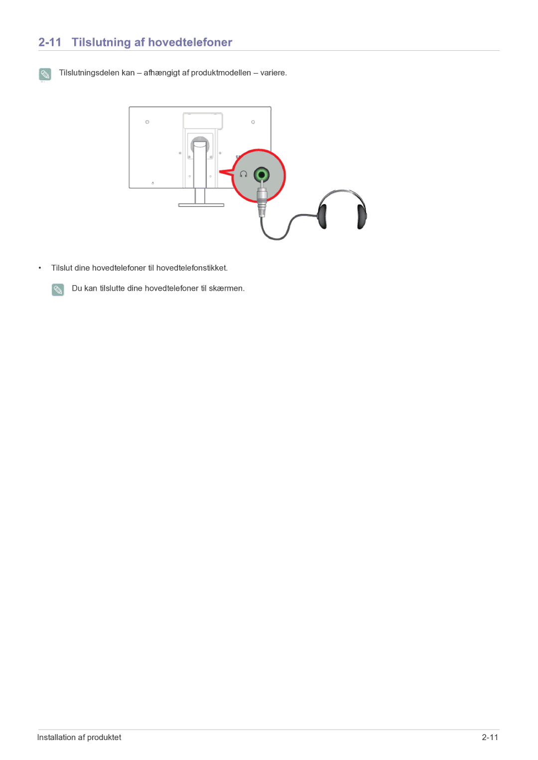 Samsung LF22NPBHBNP/EN manual Tilslutning af hovedtelefoner 