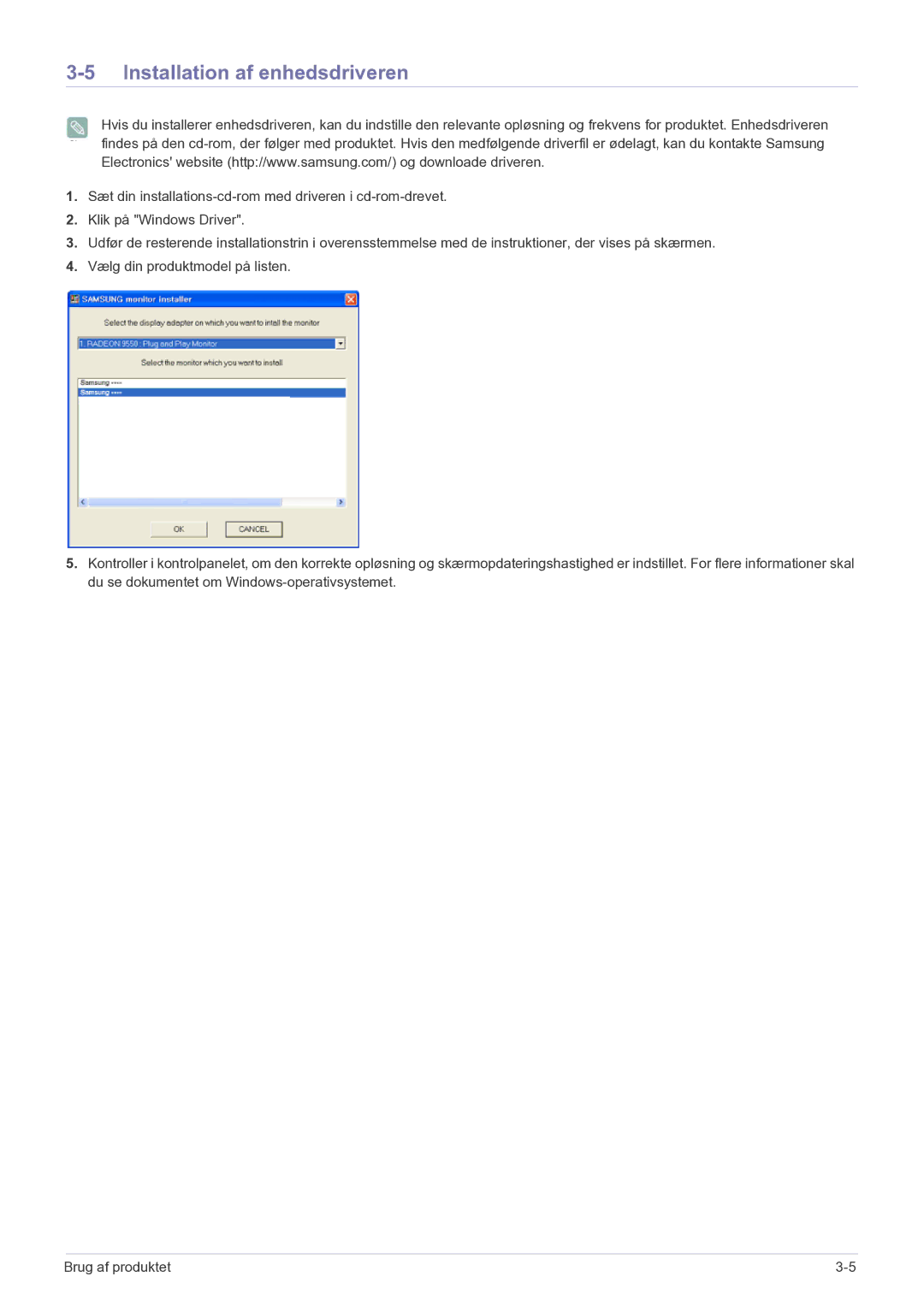 Samsung LF22NPBHBNP/EN manual Installation af enhedsdriveren 