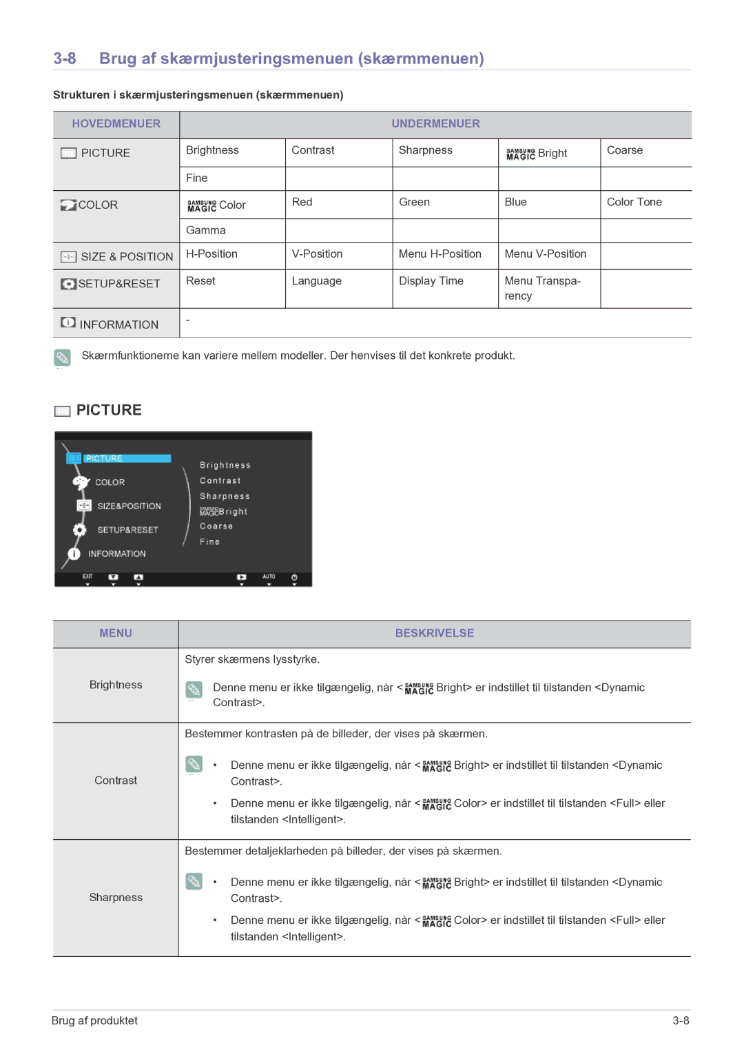 Samsung LF22NPBHBNP/EN manual Brug af skærmjusteringsmenuen skærmmenuen, Hovedmenuer Undermenuer, Menu Beskrivelse 