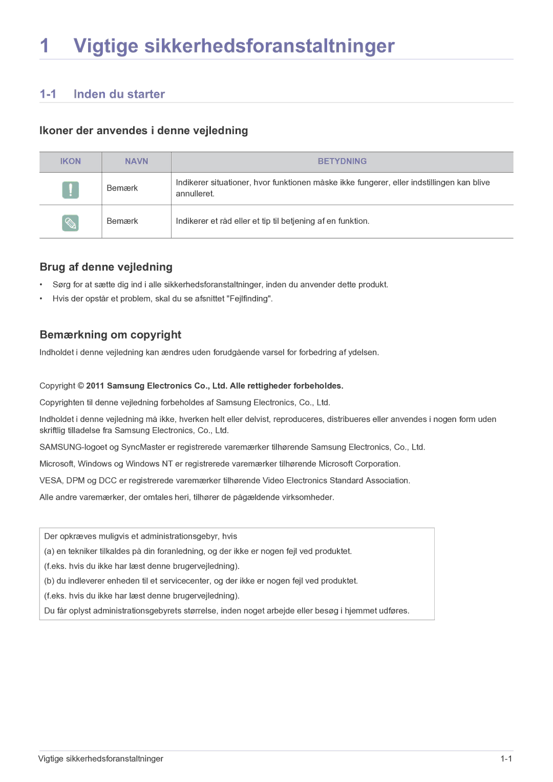 Samsung LF22NPBHBNP/EN manual Inden du starter, Ikoner der anvendes i denne vejledning, Brug af denne vejledning 