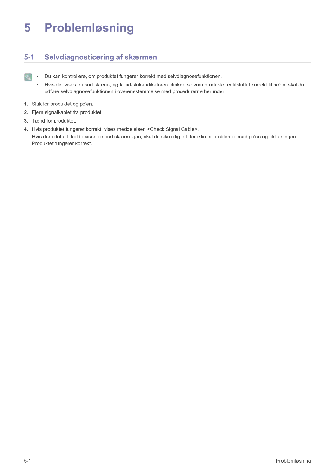 Samsung LF22NPBHBNP/EN manual Problemløsning, Selvdiagnosticering af skærmen 
