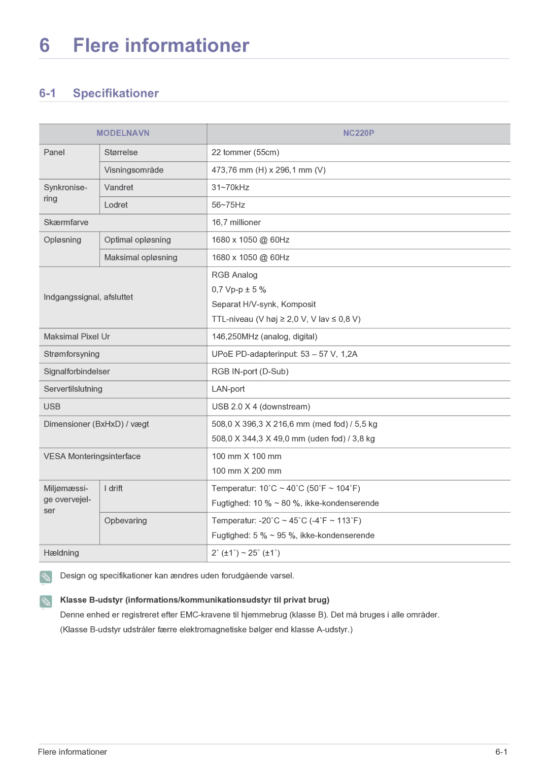 Samsung LF22NPBHBNP/EN manual Specifikationer, Modelnavn 