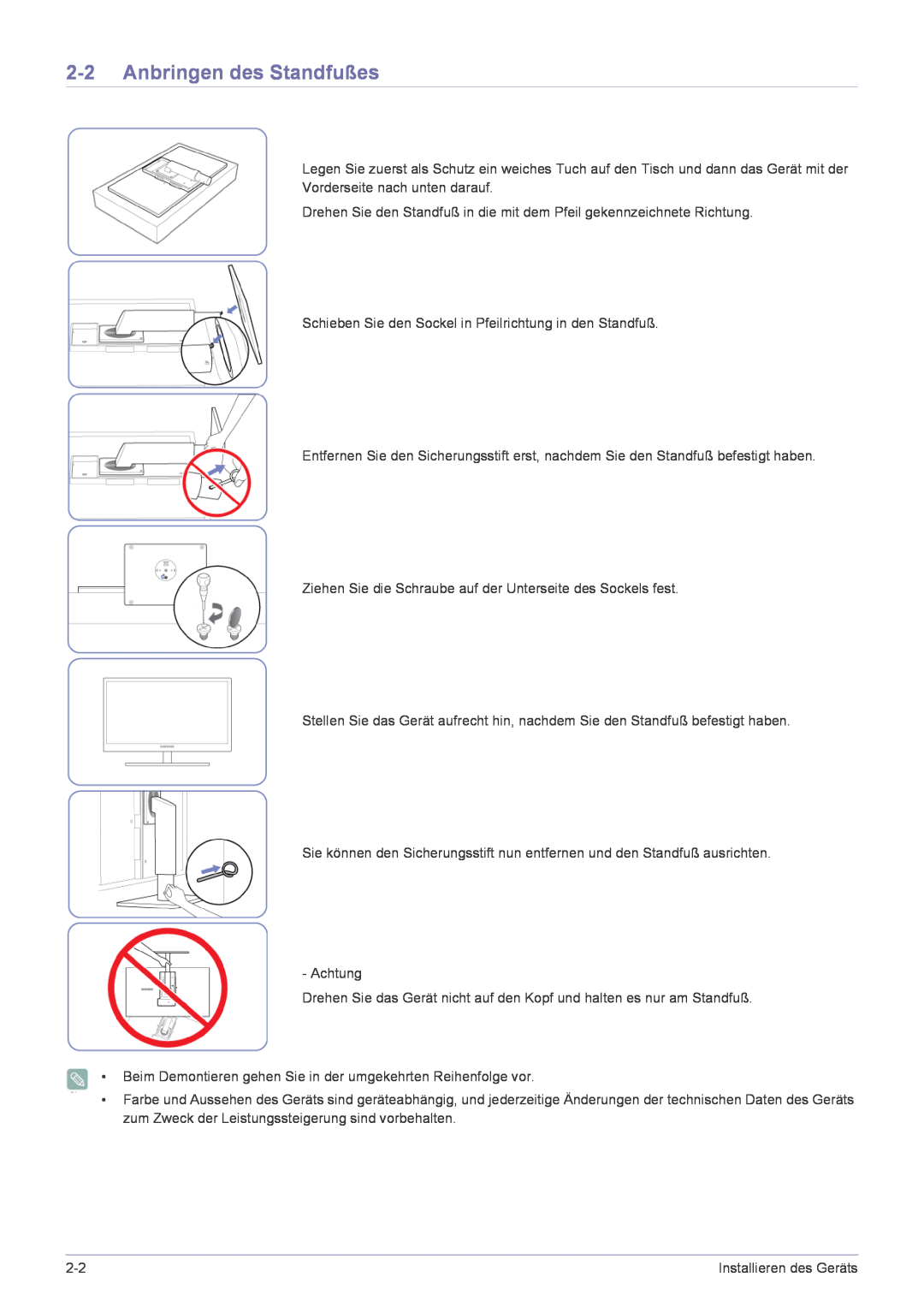 Samsung LF22NPBHBNP/EN manual Anbringen des Standfußes, Installieren des Geräts 