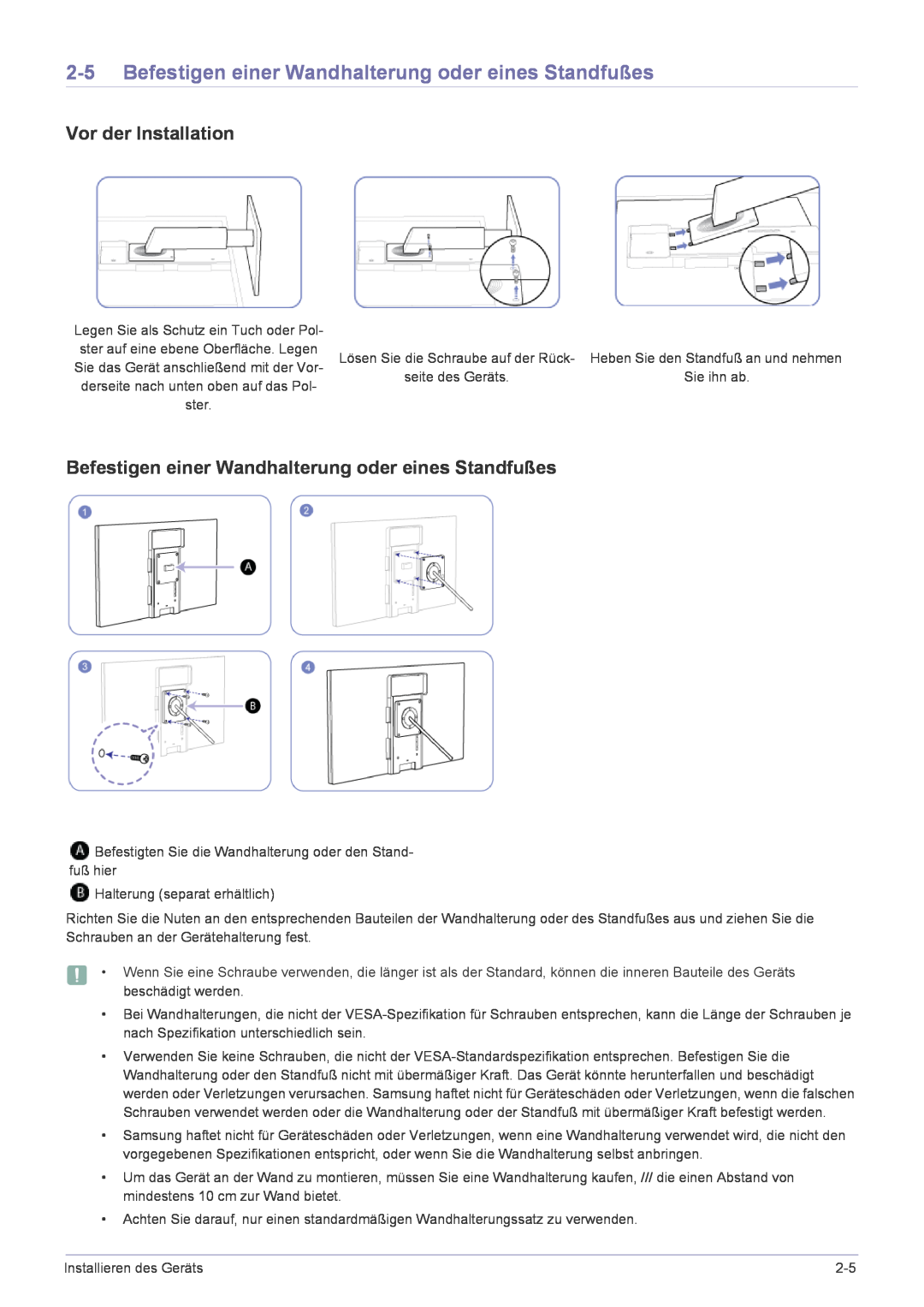 Samsung LF22NPBHBNP/EN manual Befestigen einer Wandhalterung oder eines Standfußes, Vor der Installation 