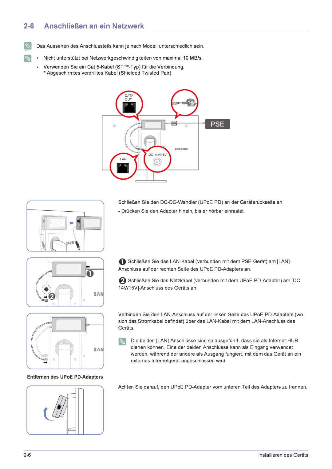 Samsung LF22NPBHBNP/EN manual Anschließen an ein Netzwerk, Entfernen des UPoE PD-Adapters 