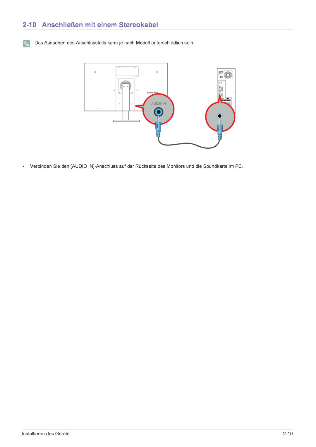 Samsung LF22NPBHBNP/EN manual Anschließen mit einem Stereokabel, Installieren des Geräts, 2-10 