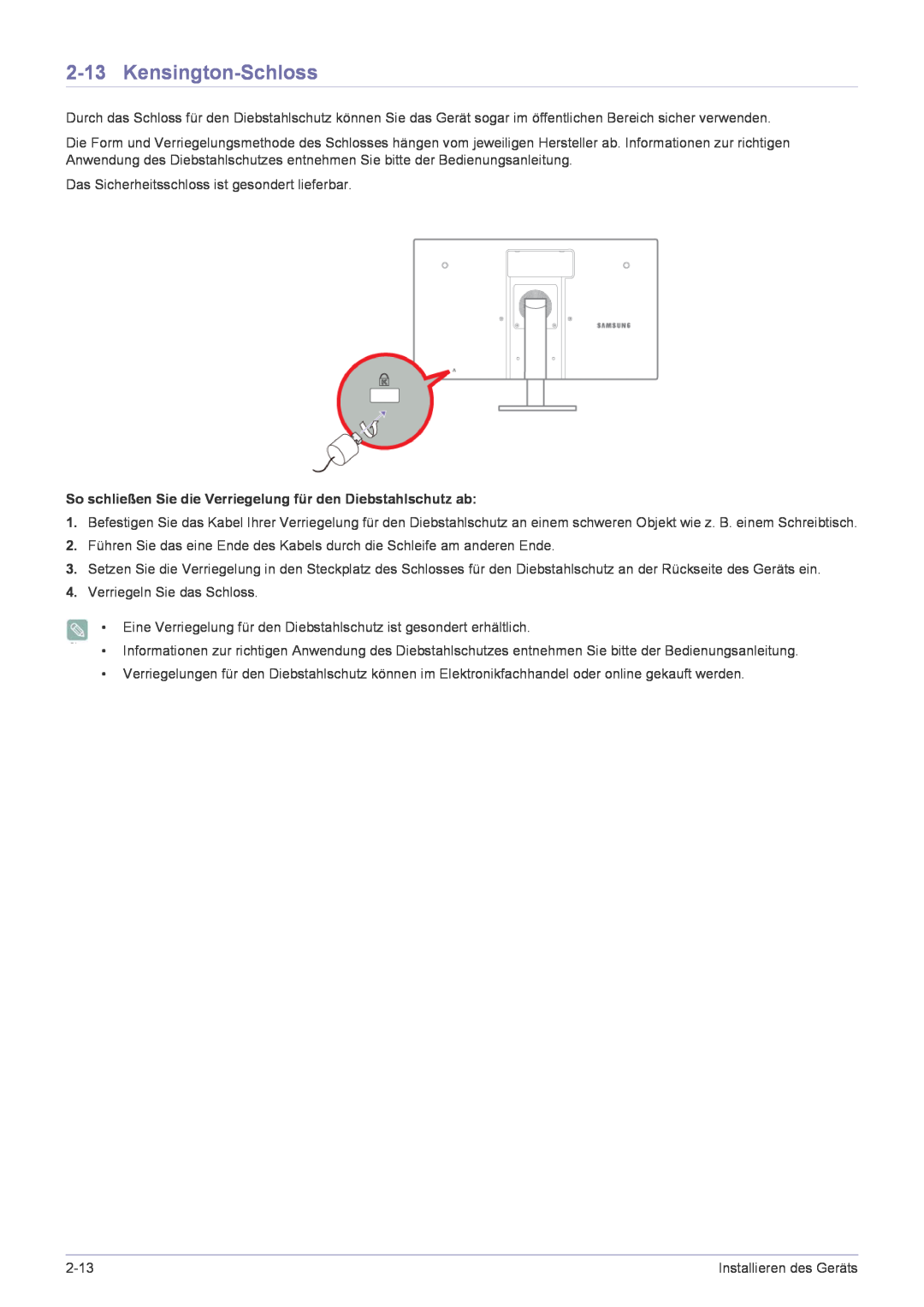 Samsung LF22NPBHBNP/EN manual Kensington-Schloss, So schließen Sie die Verriegelung für den Diebstahlschutz ab 