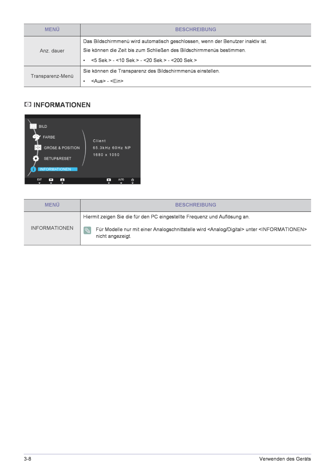 Samsung LF22NPBHBNP/EN manual Informationen, Menü, Beschreibung 