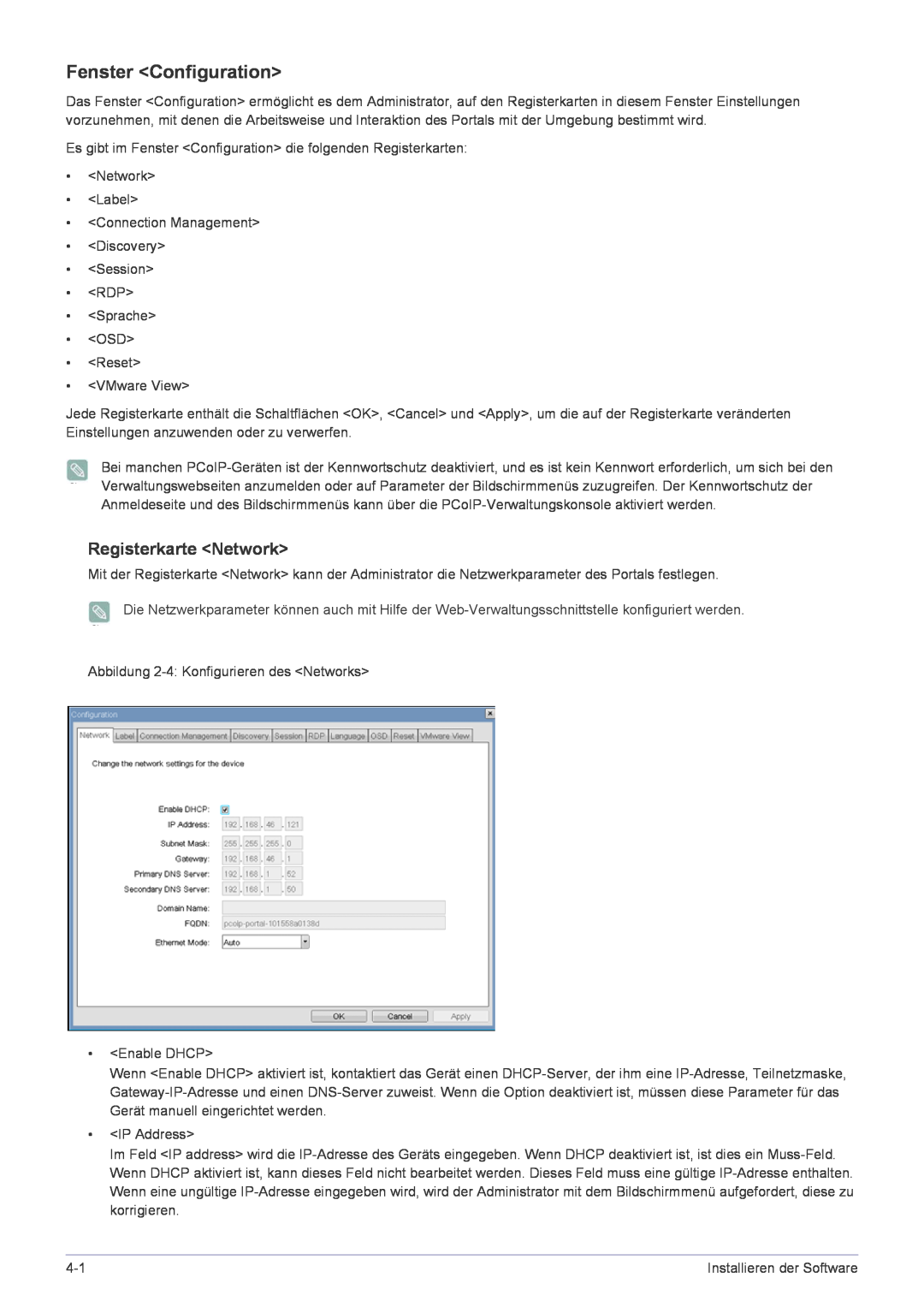 Samsung LF22NPBHBNP/EN manual Fenster Configuration, Registerkarte Network 