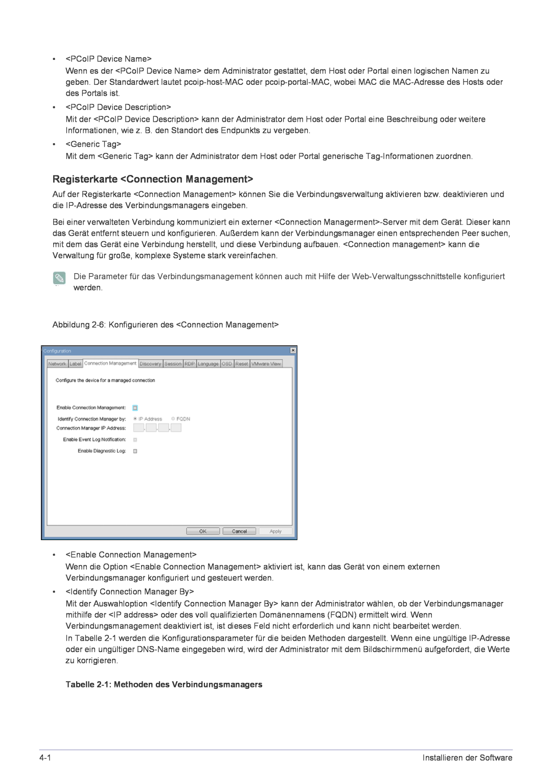 Samsung LF22NPBHBNP/EN manual Registerkarte Connection Management, Tabelle 2-1 Methoden des Verbindungsmanagers 