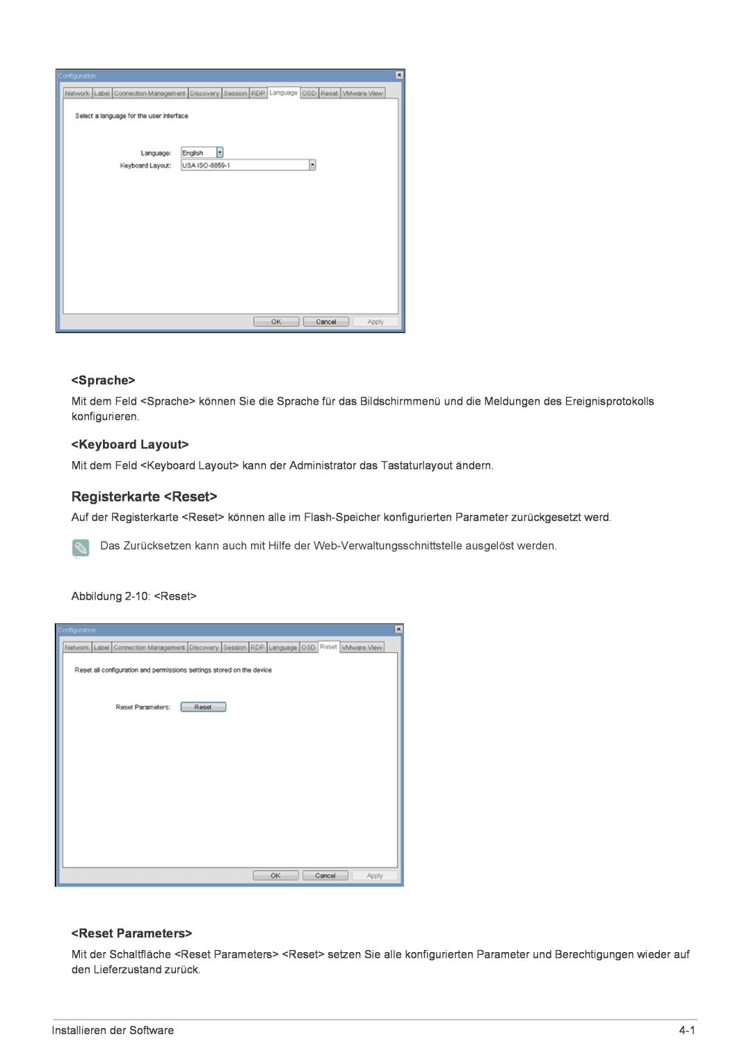 Samsung LF22NPBHBNP/EN manual Registerkarte Reset, Sprache, Keyboard Layout, Reset Parameters 