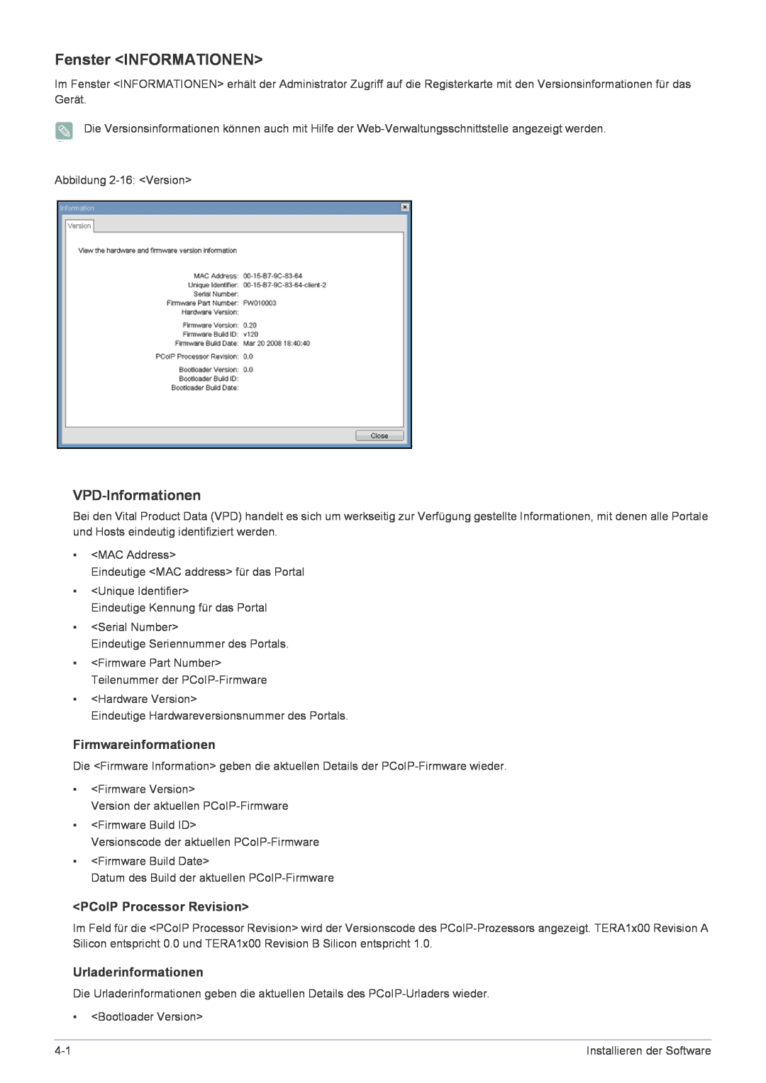 Samsung LF22NPBHBNP/EN manual Fenster INFORMATIONEN, VPD-Informationen, Firmwareinformationen, PCoIP Processor Revision 
