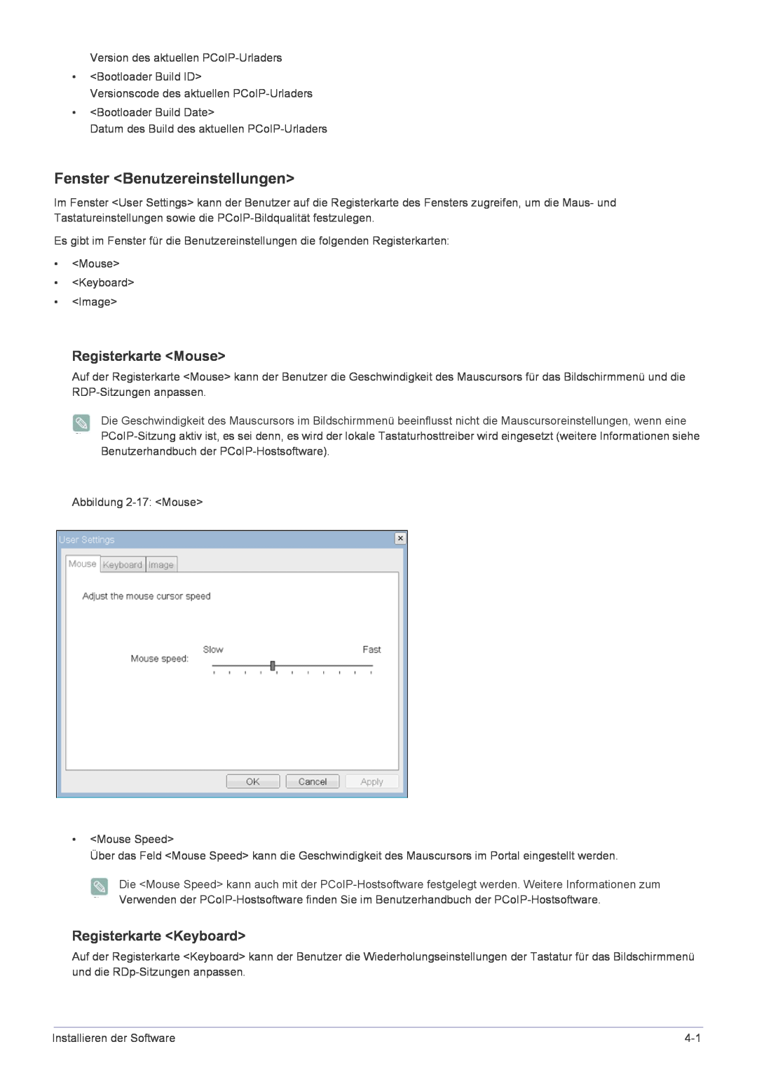 Samsung LF22NPBHBNP/EN manual Fenster Benutzereinstellungen, Registerkarte Mouse, Registerkarte Keyboard 